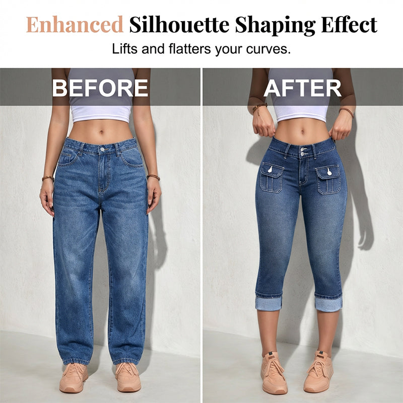 Pantalon Capri Femme Denim Stretch Ajusté Taille Mi-Haute