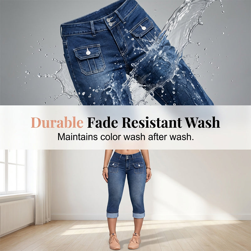 Pantalon Capri Femme Denim Stretch Ajusté Taille Mi-Haute