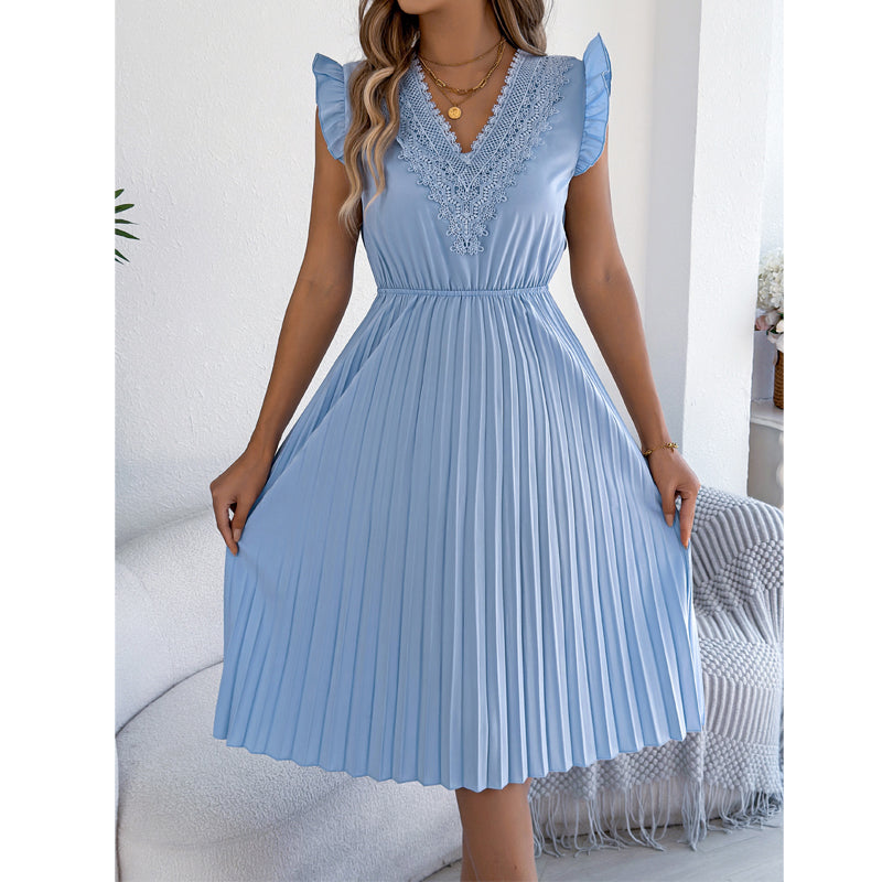 Robe midi femme plissée à col V dentelle et taille empire