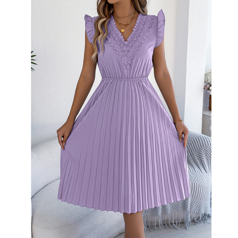 Robe midi femme plissée à col V dentelle et taille empire