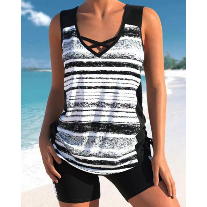 Tankini Femme Deux Pièces Col V Imprimé Géométrique