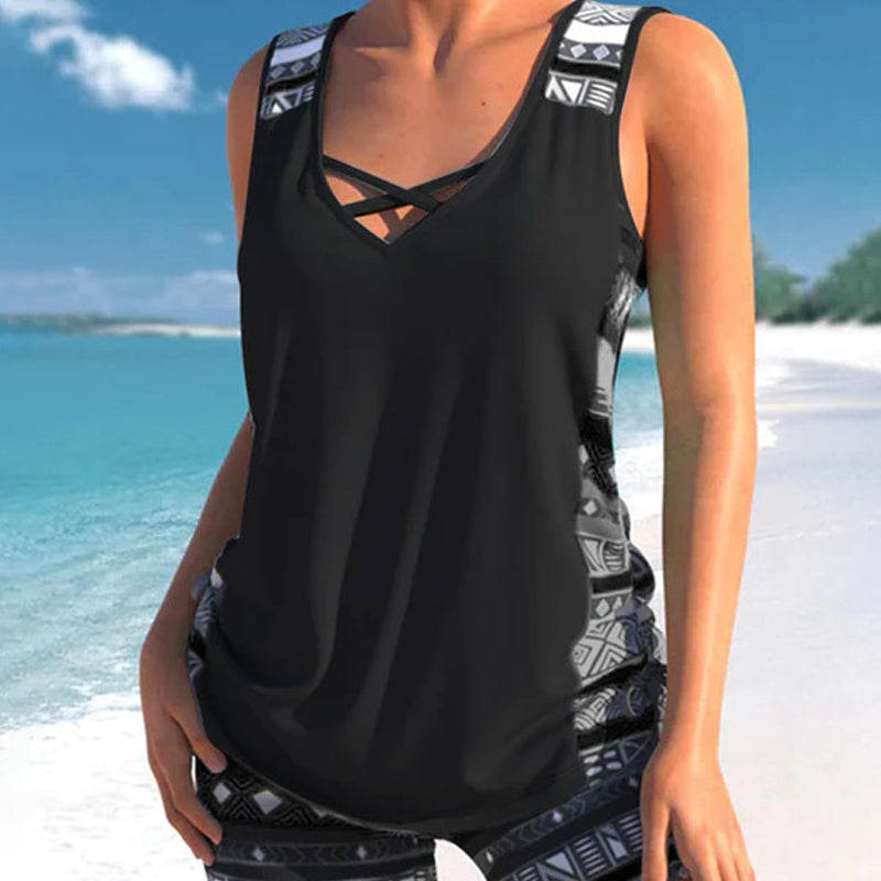 Tankini Femme Deux Pièces Col V Imprimé Géométrique