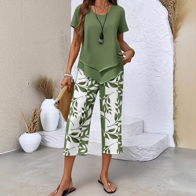 Ensemble Femme Deux Pièces Haut Asymétrique et Pantalon Imprimé