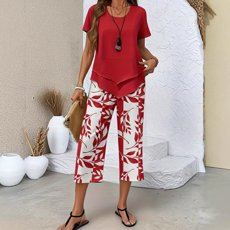 Ensemble Femme Deux Pièces Haut Asymétrique et Pantalon Imprimé