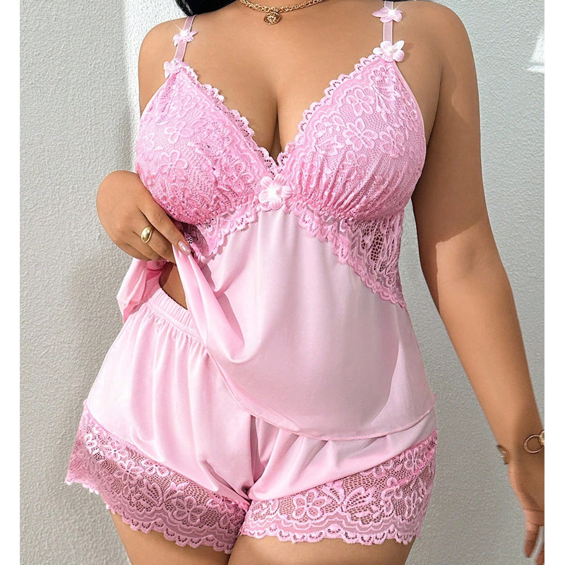 Ensemble Pyjama Femme Dentelle Bretelles Fines Short Léger Satin Élégant