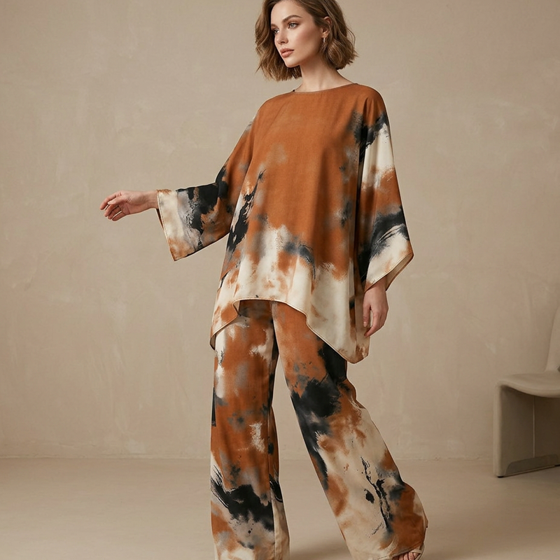 Ensemble Femme Tunique Oversized Imprimé Abstrait Pantalon Large