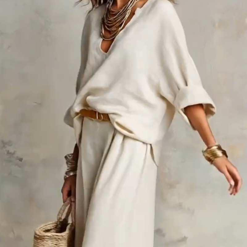 Ensemble deux pièces femme effet lin avec pantalon large