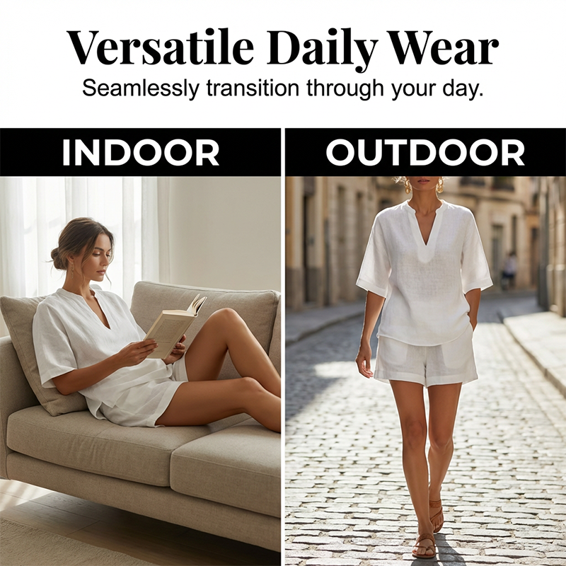 Ensemble Femme Élégant avec Blouse à Col V et Short Fluide