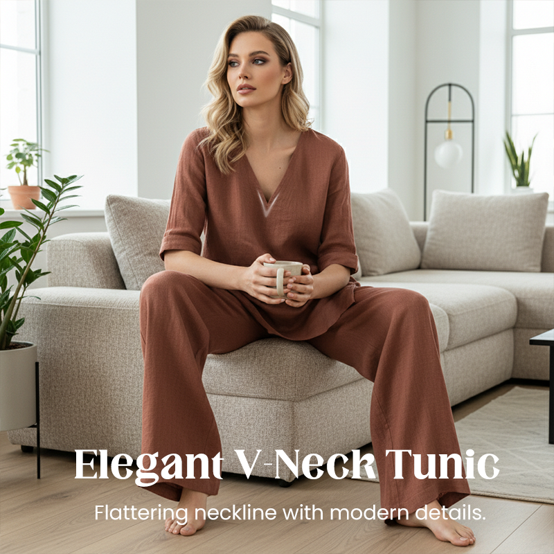 Ensemble femme en coton et lin avec haut col V et pantalon ample