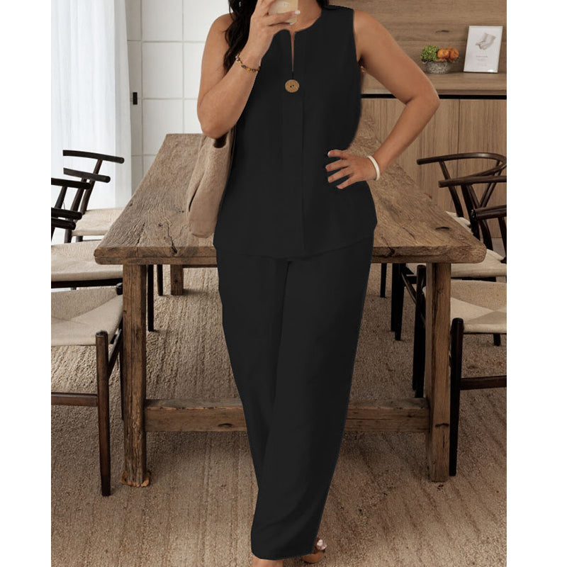 Élégant ensemble pantalon sans manches pour femme, à la coupe fluide