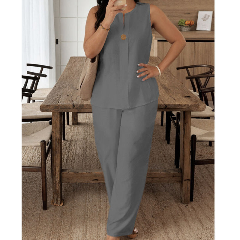 Élégant ensemble pantalon sans manches pour femme, à la coupe fluide