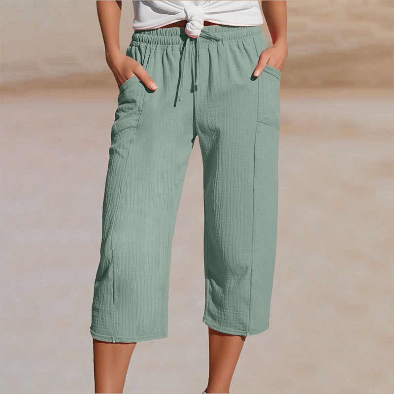 Pantalon cropped femme en coton et lin à taille élastique confortable