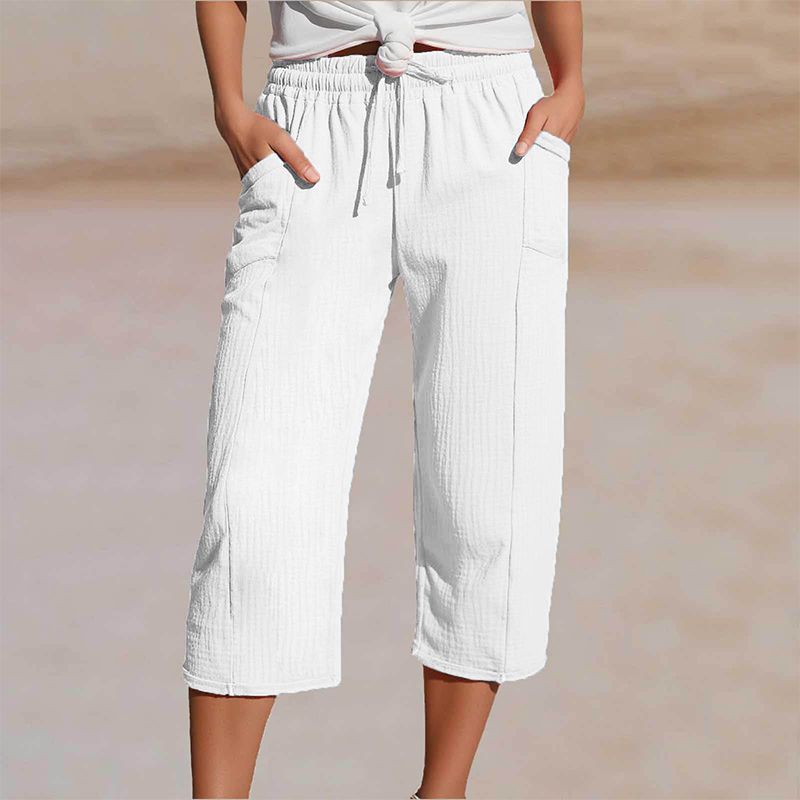 Pantalon cropped femme en coton et lin à taille élastique confortable