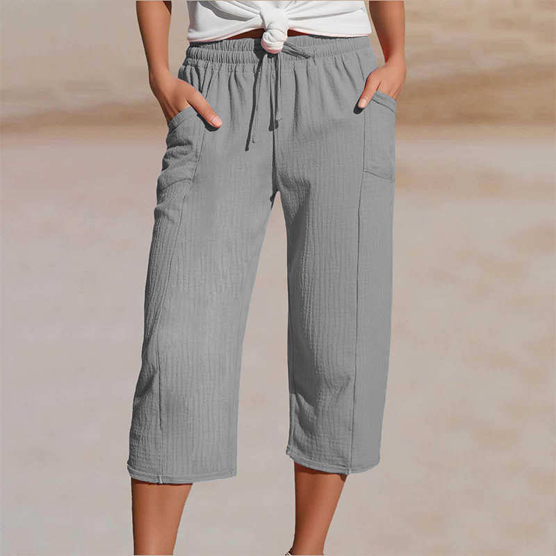 Pantalon cropped femme en coton et lin à taille élastique confortable