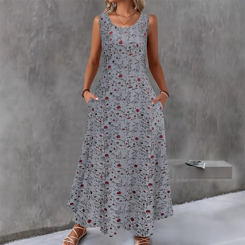 Robe longue femme sans manches à imprimé floral et poches