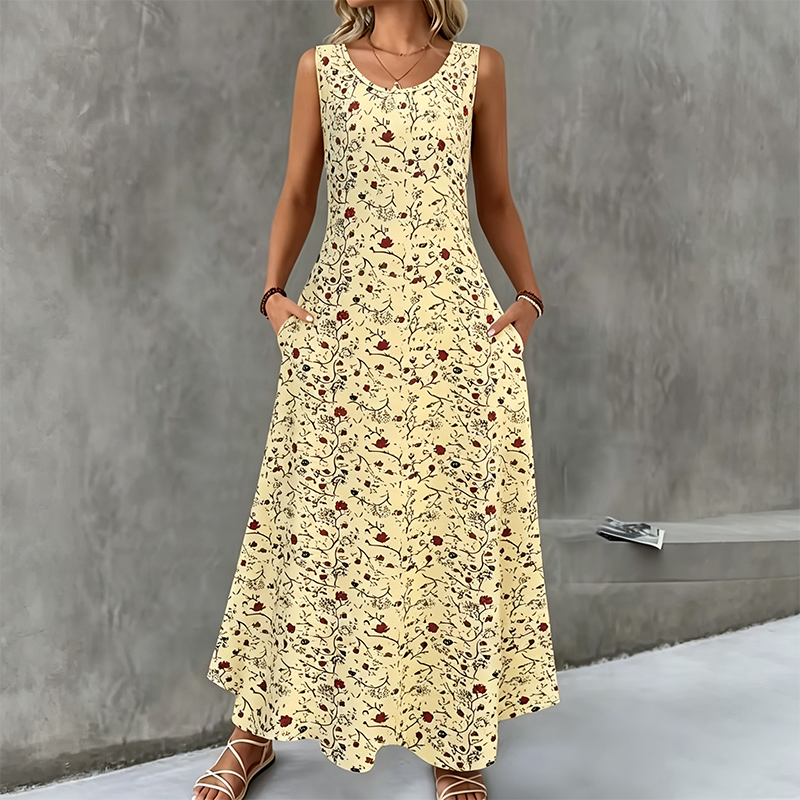 Robe longue femme sans manches à imprimé floral et poches