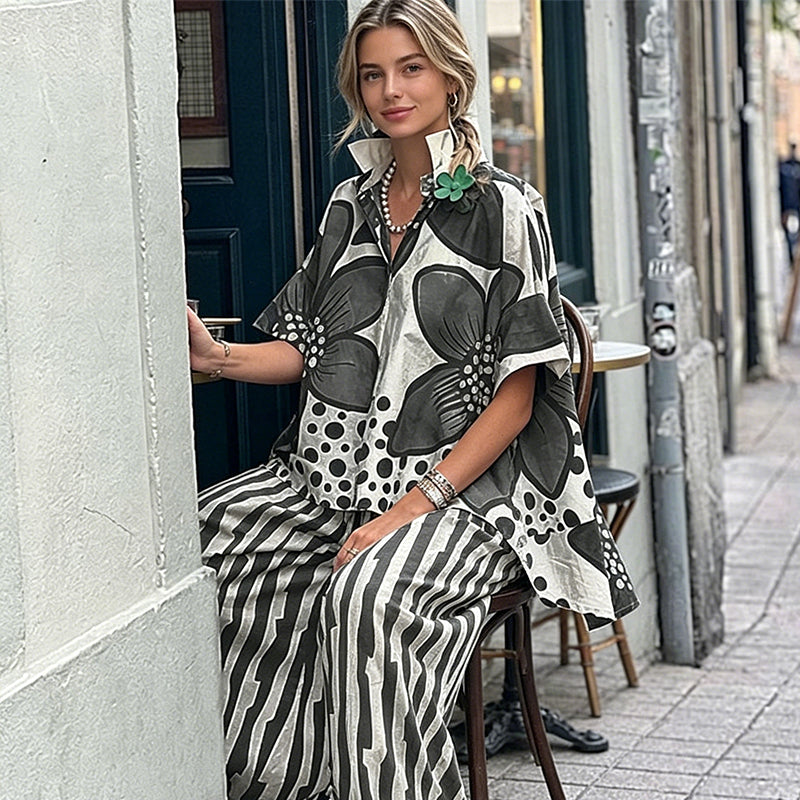 Ensemble deux pièces femme à haut botanique et pantalon rayé