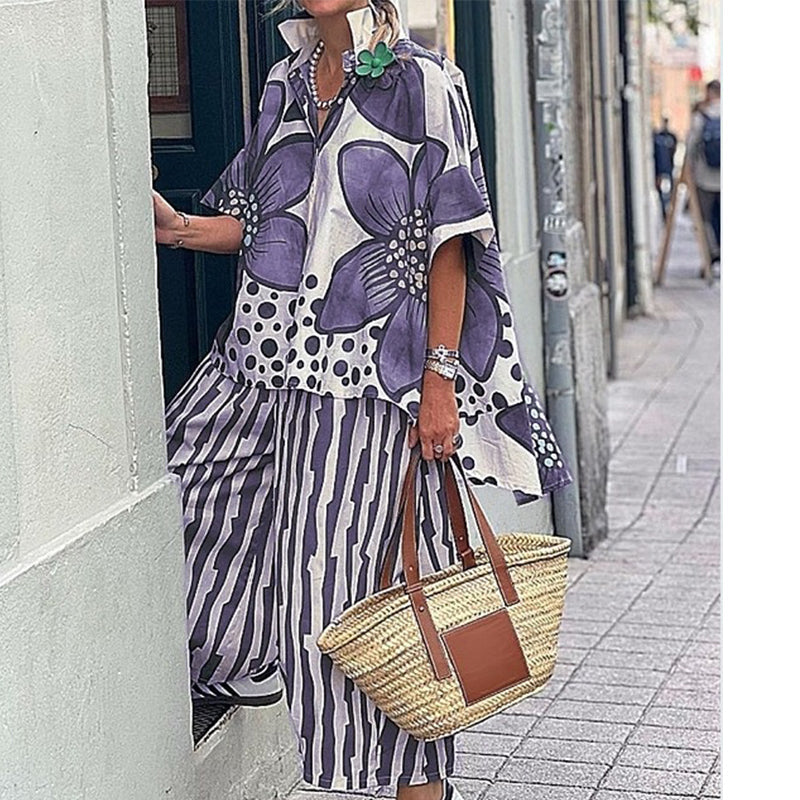 Ensemble deux pièces femme à haut botanique et pantalon rayé
