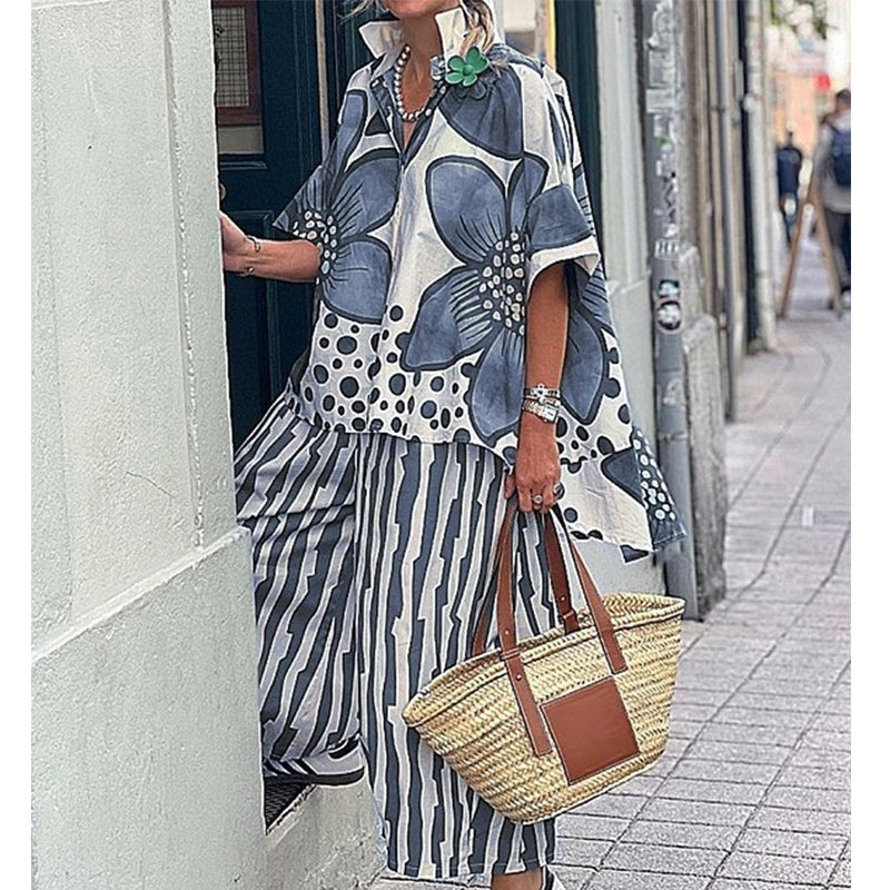 Ensemble deux pièces femme à haut botanique et pantalon rayé