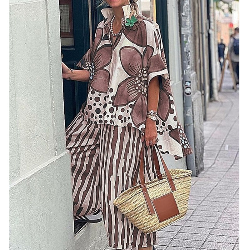 Ensemble deux pièces femme à haut botanique et pantalon rayé