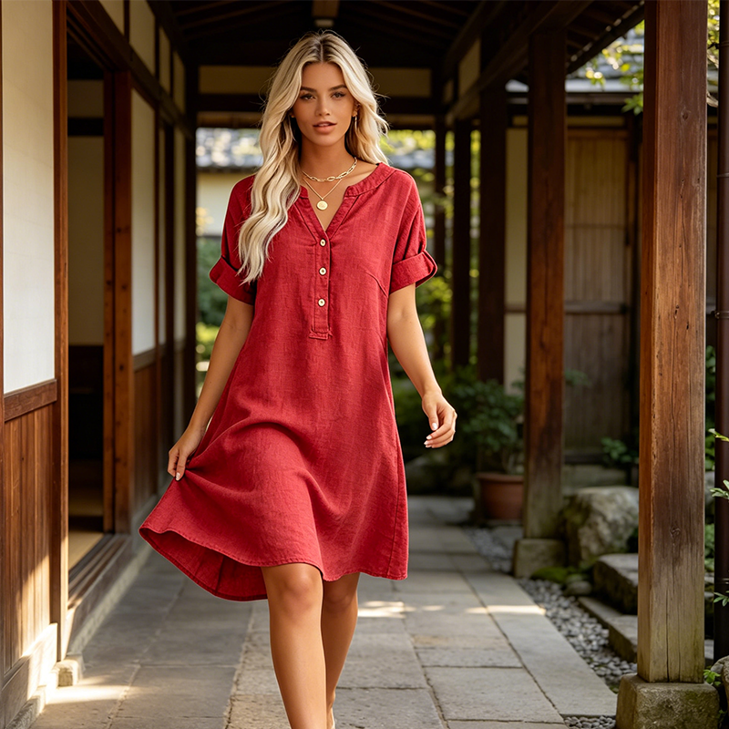 Robe tunique femme en coton avec col V boutonné et poches