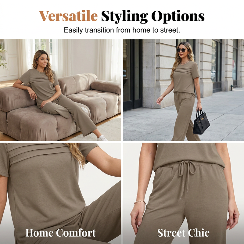 Ensemble femme décontracté avec pantalon large et haut manches courtes