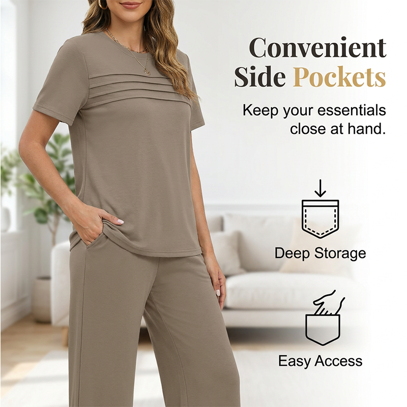 Ensemble femme décontracté avec pantalon large et haut manches courtes