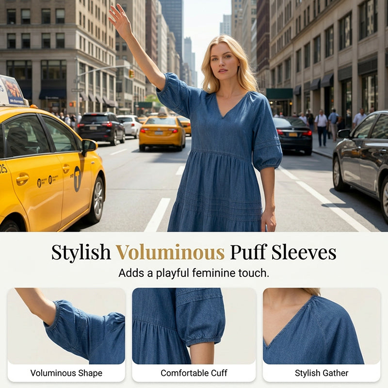 Robe femme en denim léger à col V et coupe fluide