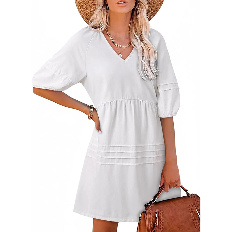 Robe femme en denim léger à col V et coupe fluide