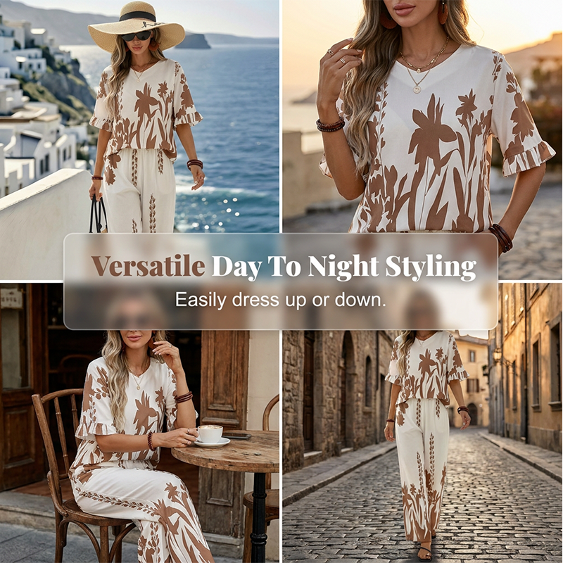 Ensemble femme à imprimé tropical avec pantalon large assorti