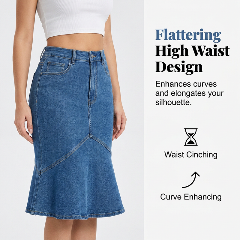 Jupe midi femme en denim taille haute coupe sirène