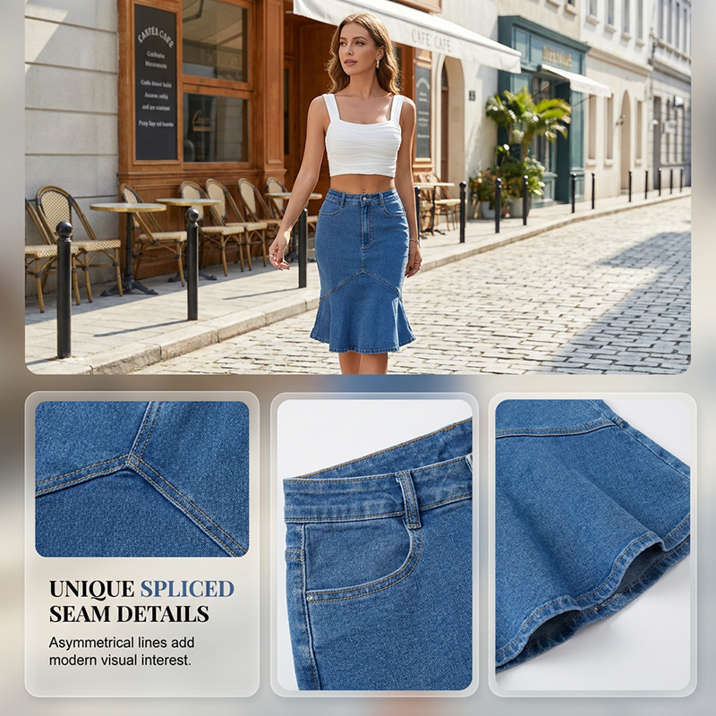 Jupe midi femme en denim taille haute coupe sirène