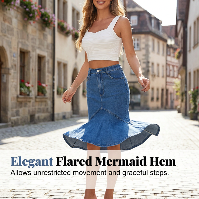 Jupe midi femme en denim taille haute coupe sirène
