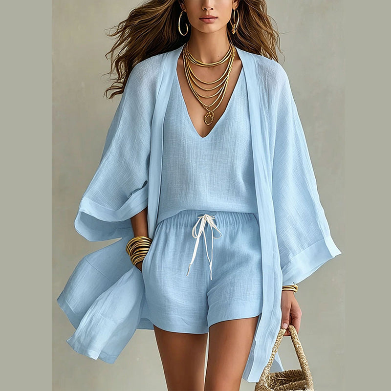 Ensemble 3 pièces femme en polyester avec kimono et short
