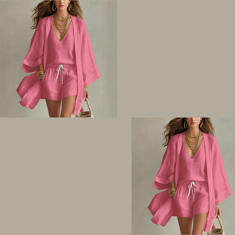 Ensemble 3 pièces femme en polyester avec kimono et short