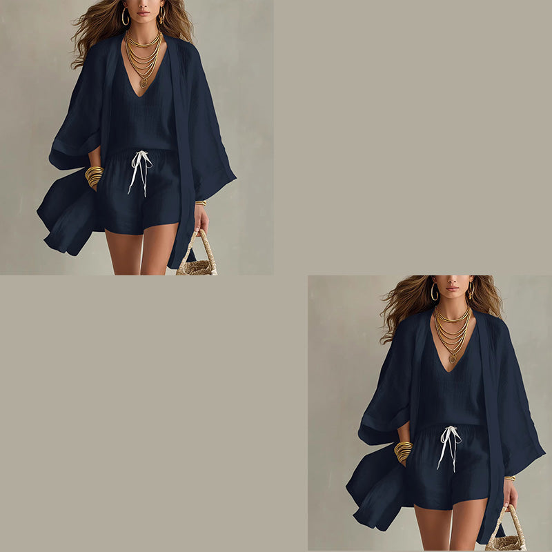 Ensemble 3 pièces femme en polyester avec kimono et short