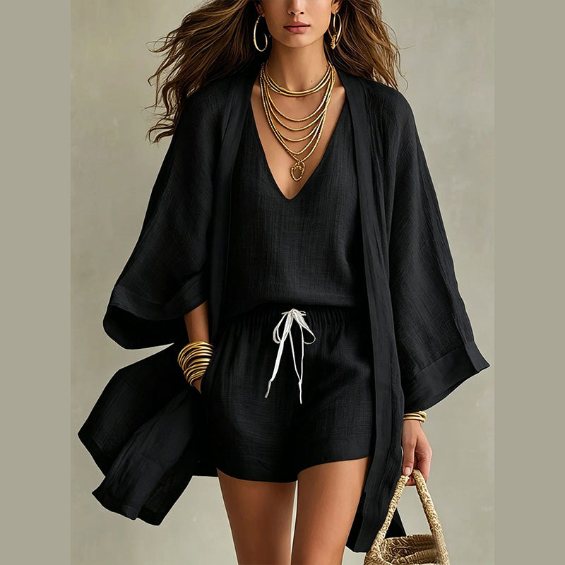 Ensemble 3 pièces femme en polyester avec kimono et short