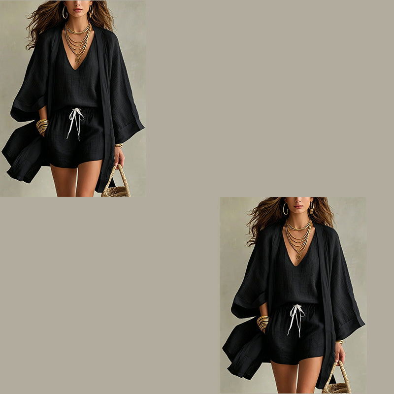 Ensemble 3 pièces femme en polyester avec kimono et short