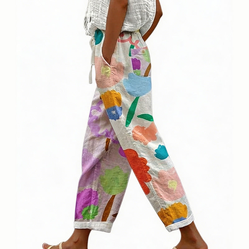 Pantalon court femme à imprimé floral et coupe large