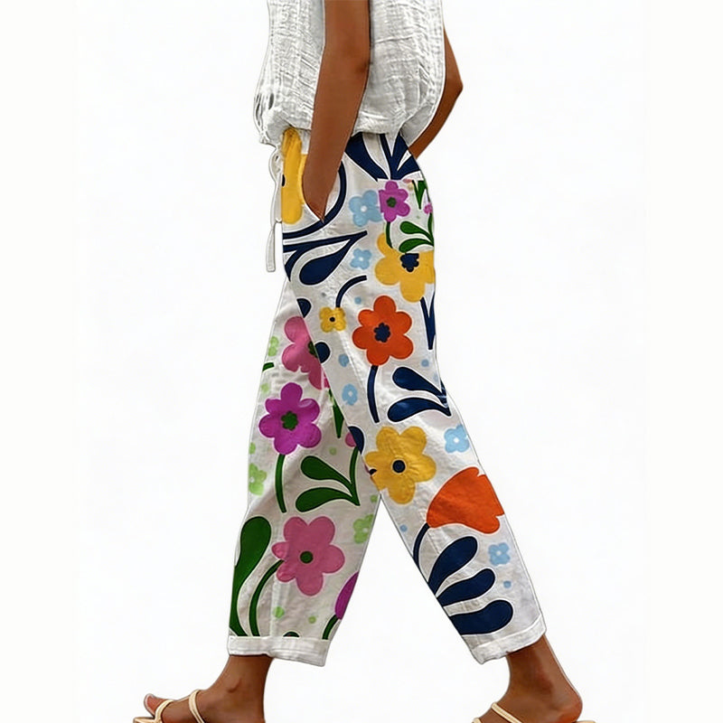 Pantalon court femme à imprimé floral et coupe large