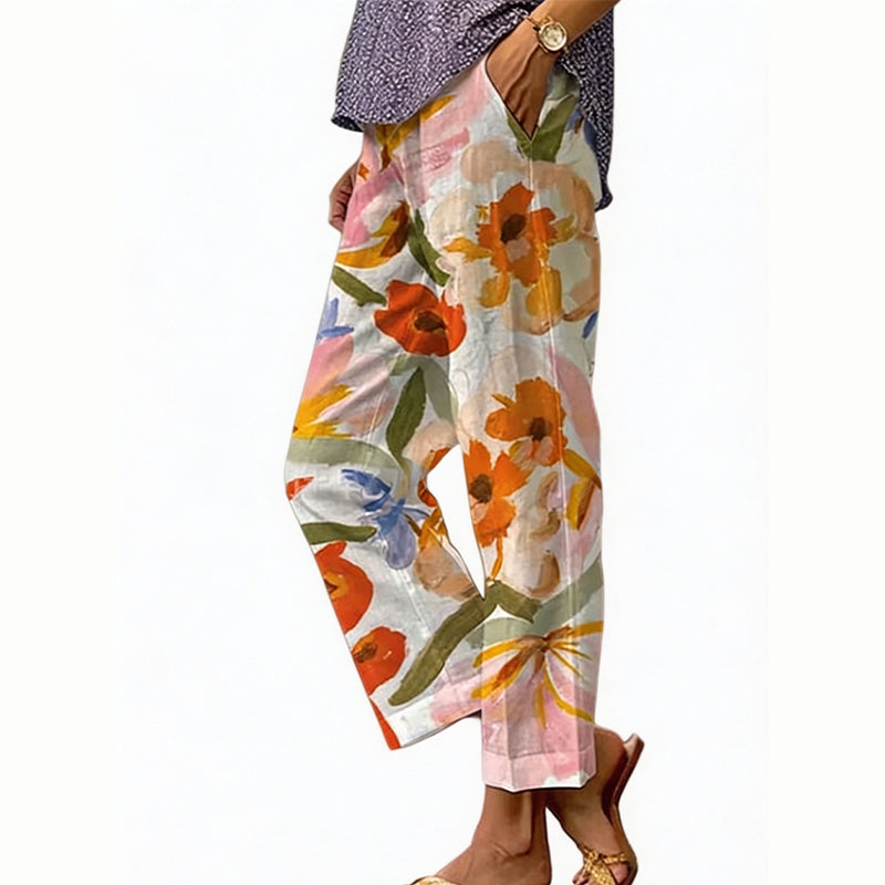 Pantalon court femme à imprimé floral et coupe large