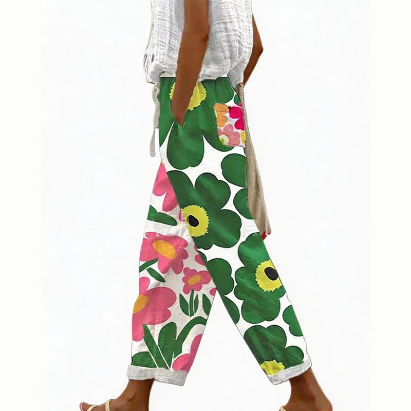 Pantalon court femme à imprimé floral et coupe large