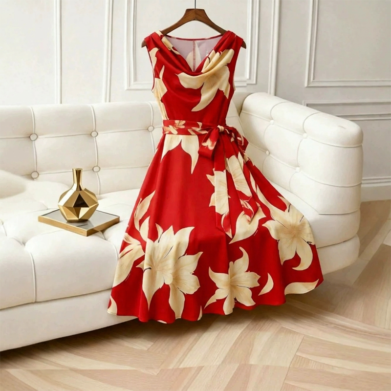 Robe midi femme sans manches à imprimé floral et taille nouée