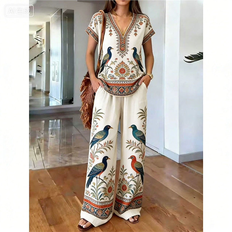 Ensemble femme bohème avec haut imprimé floral et pantalon large