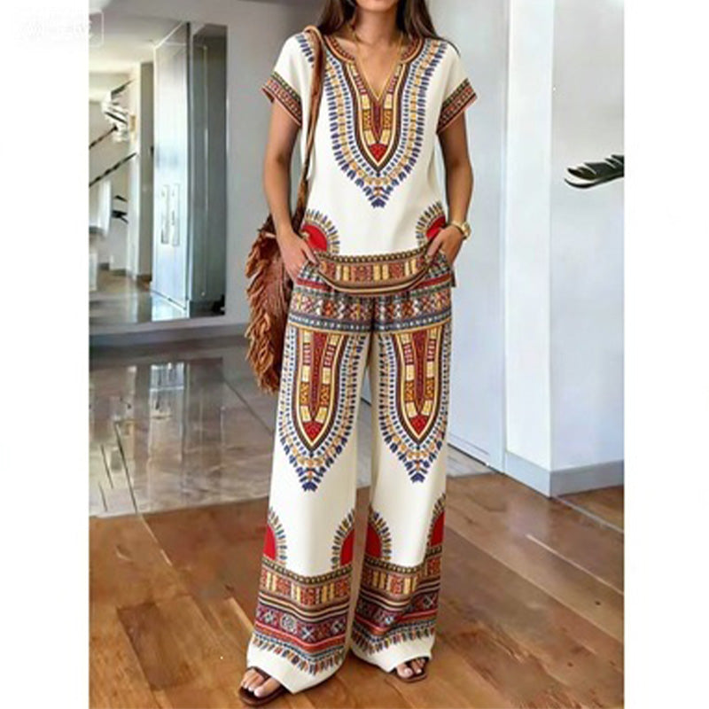 Ensemble femme bohème avec haut imprimé floral et pantalon large