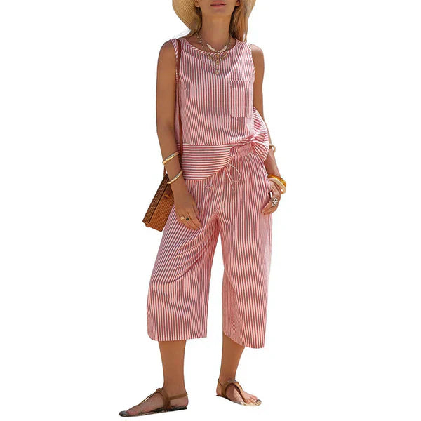 Ensemble deux pièces femme rayé en viscose avec pantalon capri