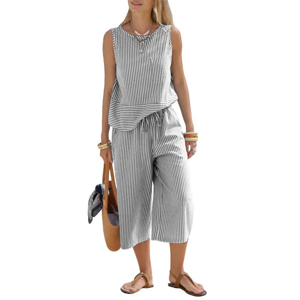 Ensemble deux pièces femme rayé en viscose avec pantalon capri