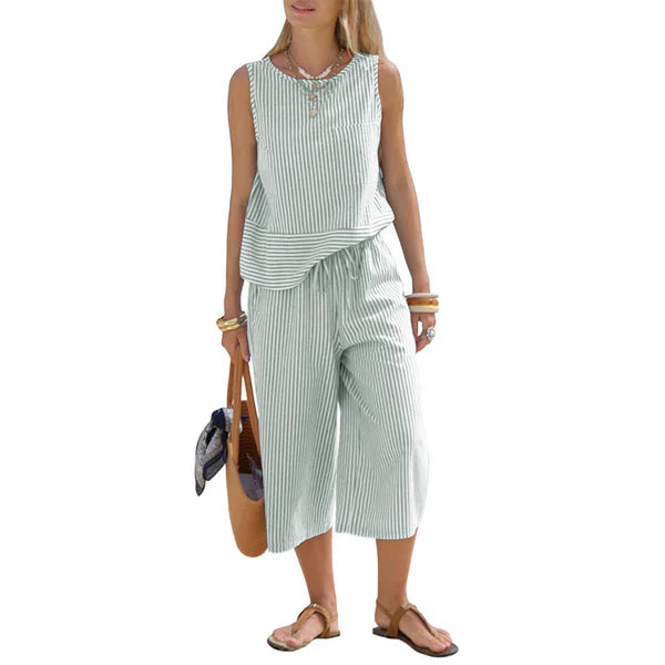 Ensemble deux pièces femme rayé en viscose avec pantalon capri