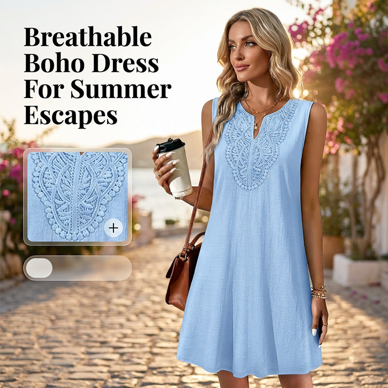 Robe d'été femme en coton et lin avec col V brodé