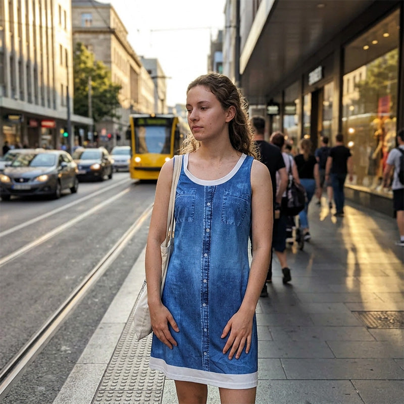 Robe courte femme effet denim sans manches à boutons